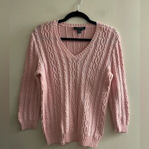 Lauren Ralph Lauren Pink Cotton Cable Knit V-neck Sweater